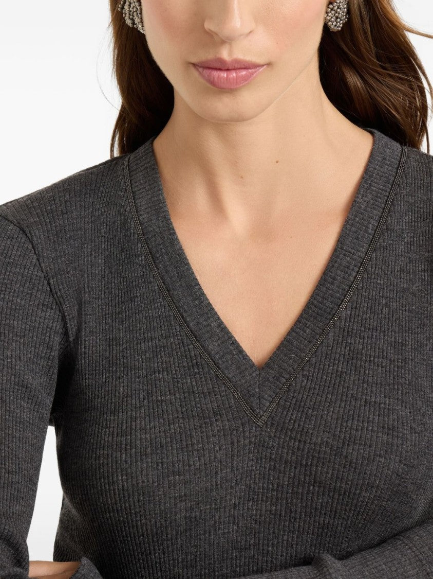 Brunello Cucinelli Fitted Long-Sleeve Sweater With Deep V-Neckline