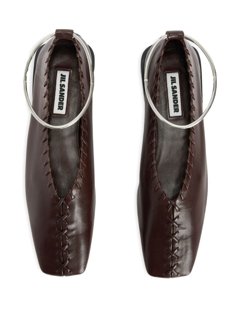 Jil Sander Mahogany Leather Ring Ballerina With Stitched Detail