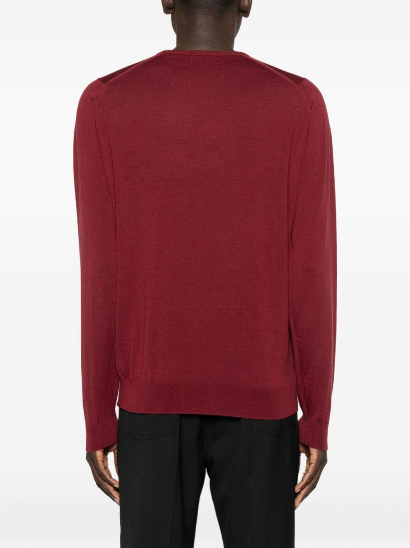 John Smedley Burgundy Merino Wool Crewneck Jumper With Ribbed Detailing