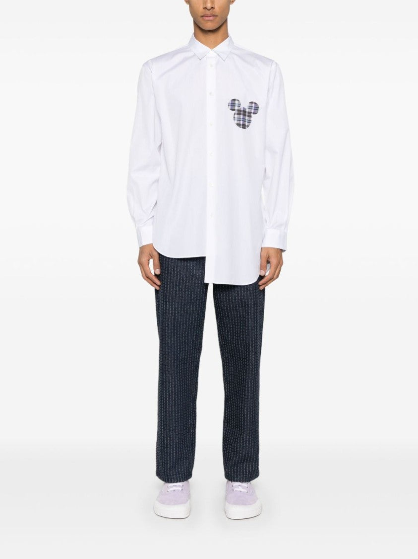 Comme Des Garçons Classic White Shirt With Plaid Mickey Mouse Patch