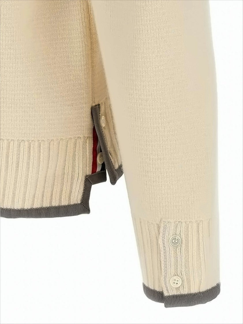 Thom Browne Soft Wool Knit Cardigan With V-Neck And Contrasting Details