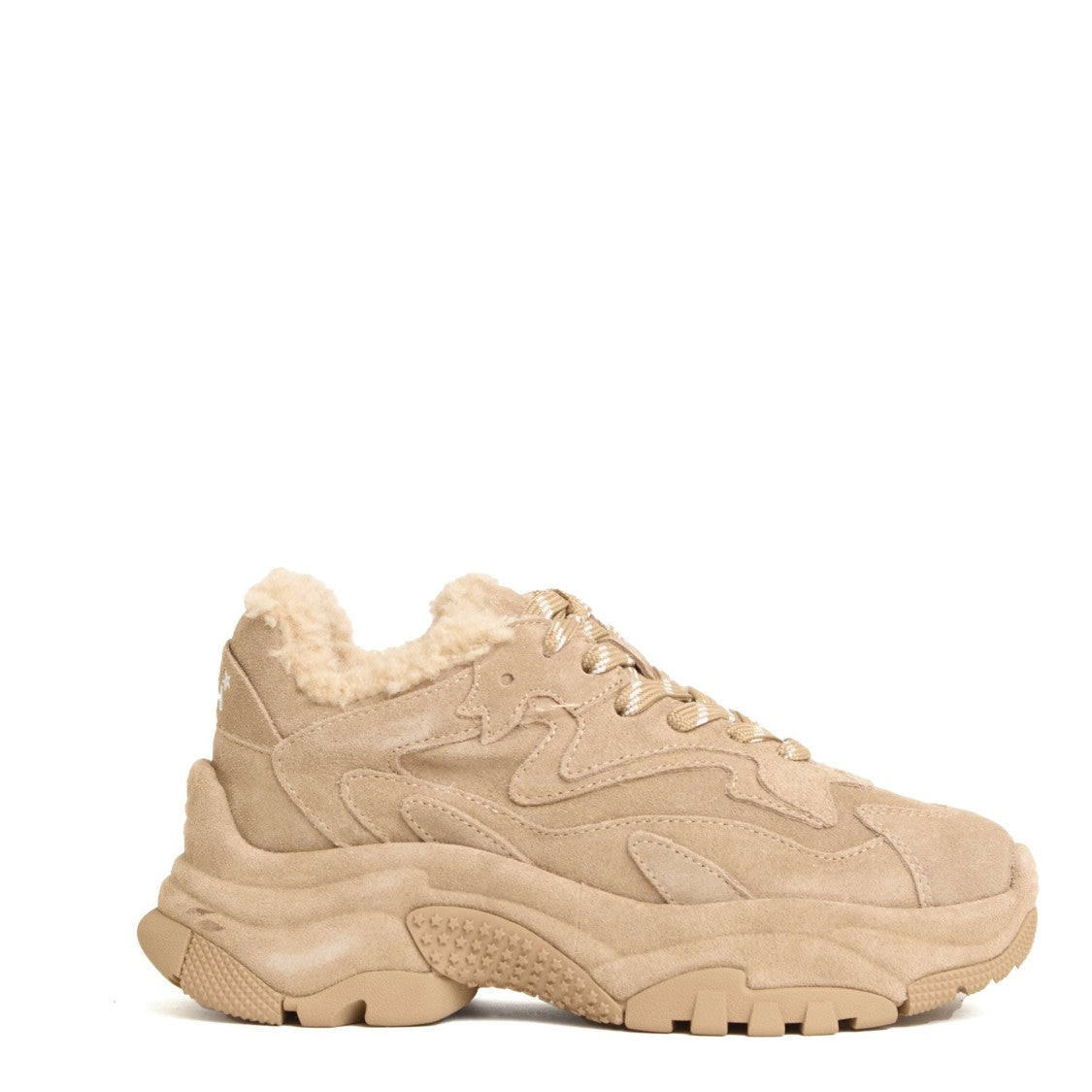 Ash Beige Suede Sneakers With Plush Faux Fur Lining