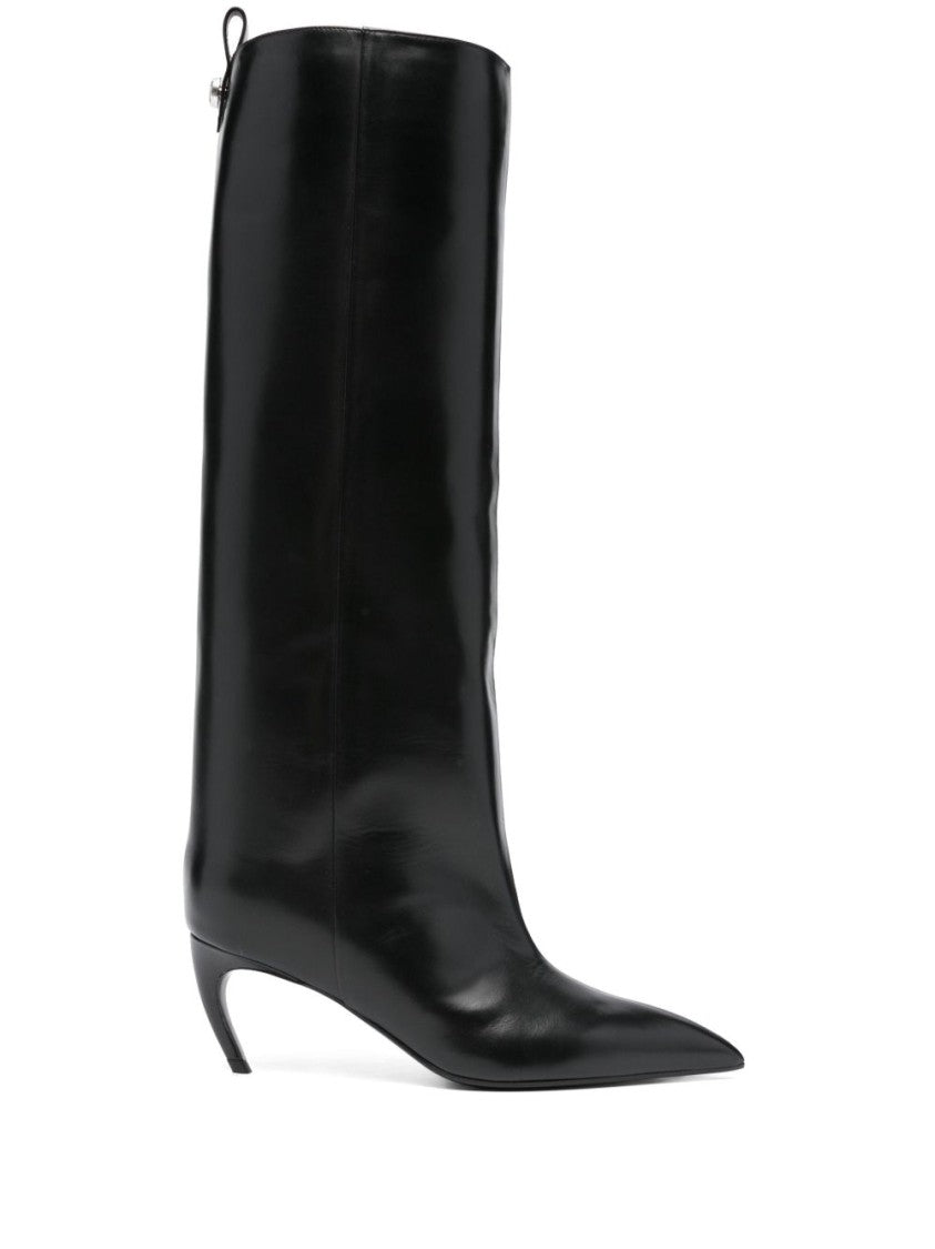 The Attico Knee-High Black Leather Boots With Pointed Toe