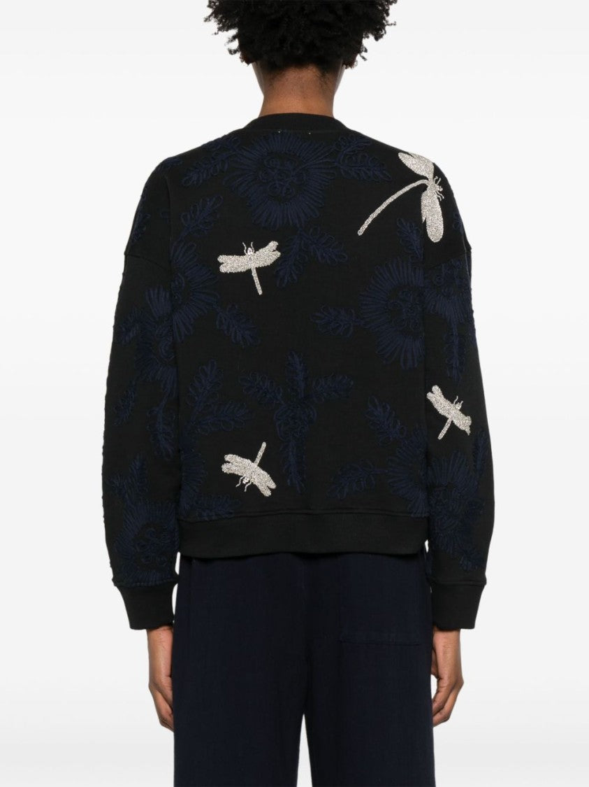 Forte Forte Embroidered Black Sweatshirt With Textured Floral Motifs