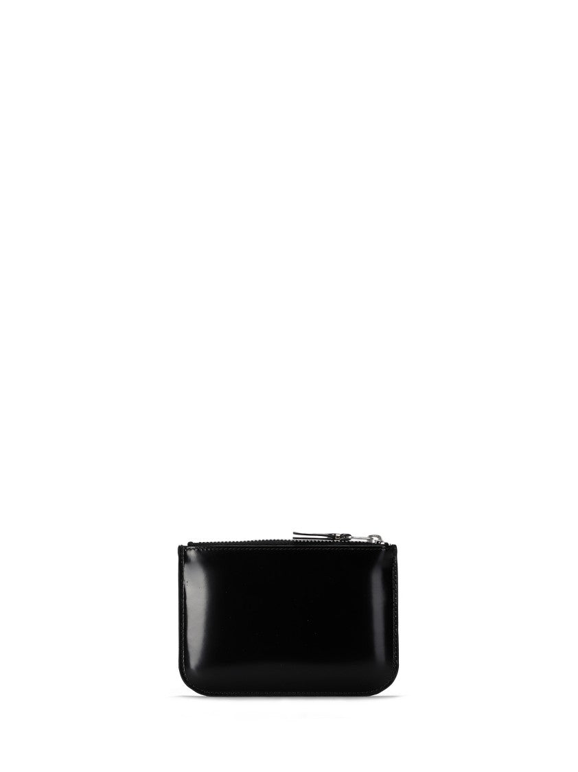 Comme Des Garçons Smooth Black Leather Zip Wallet With Silver Interior