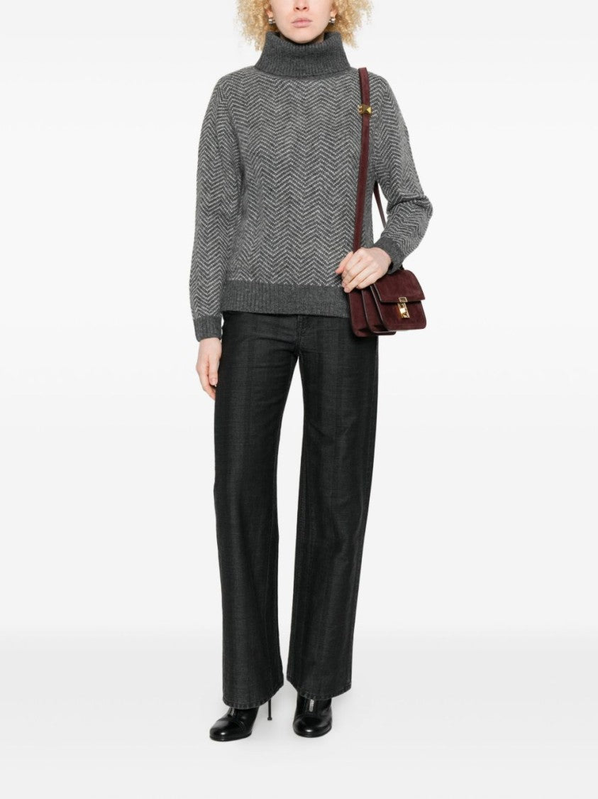 Yerse Textured Chevron Knit Grey Sweater With High Turtleneck