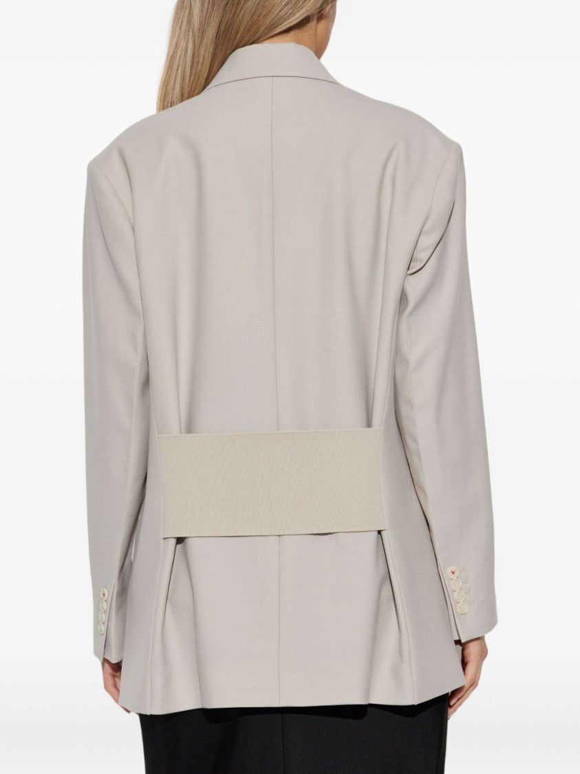 Victoria Beckham Light Grey Double-Breasted Blazer With Notched Lapels
