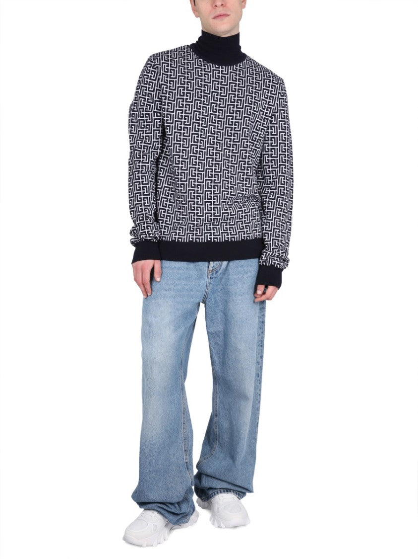 Balmain High-Neck Sweater With All-Over Monogram Pattern