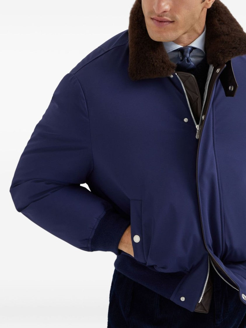 Brunello Cucinelli Padded Deep Blue Jacket With Plush Fur Collar