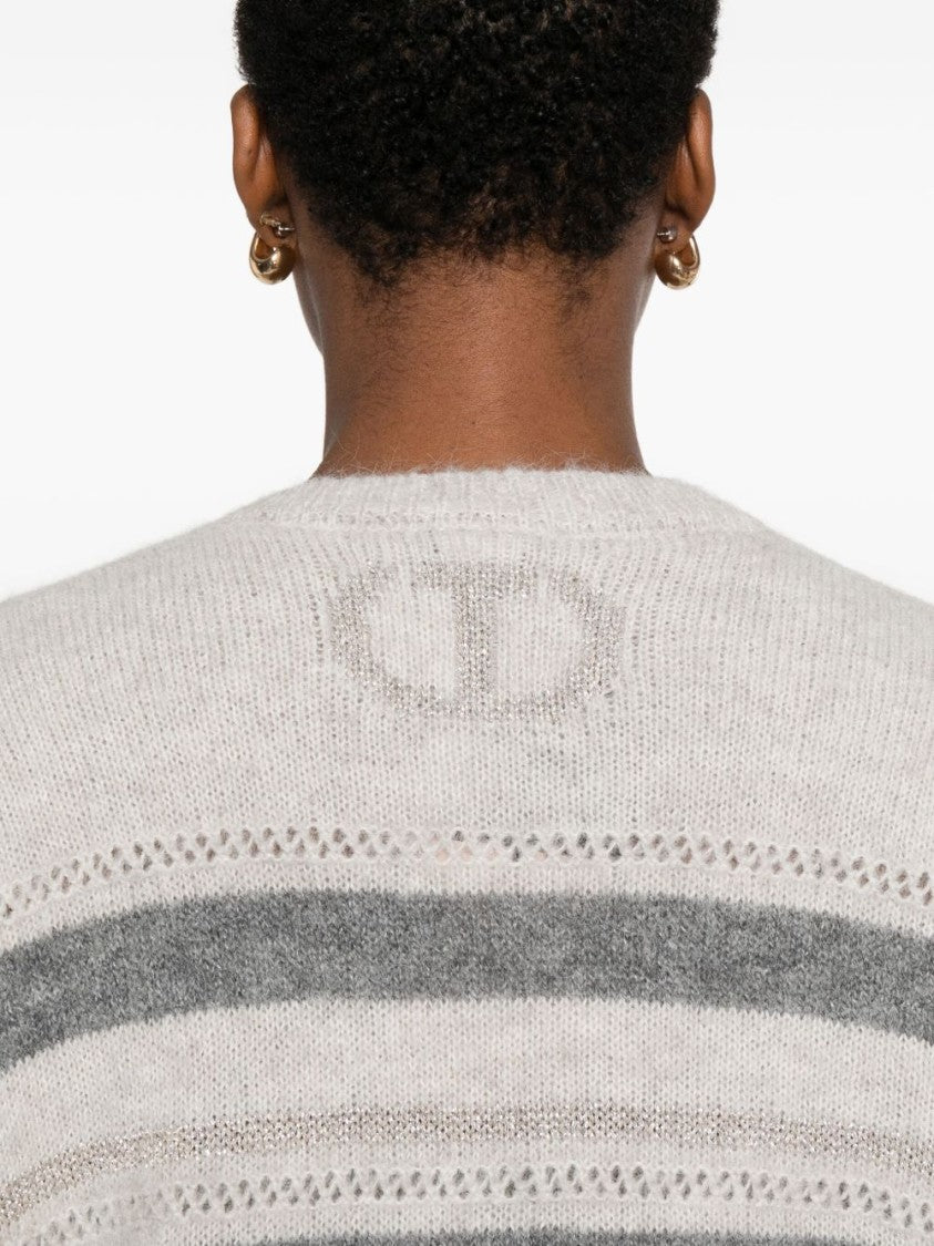 Twin-Set Horizontal Stripe Knit Sweater With V-Neckline