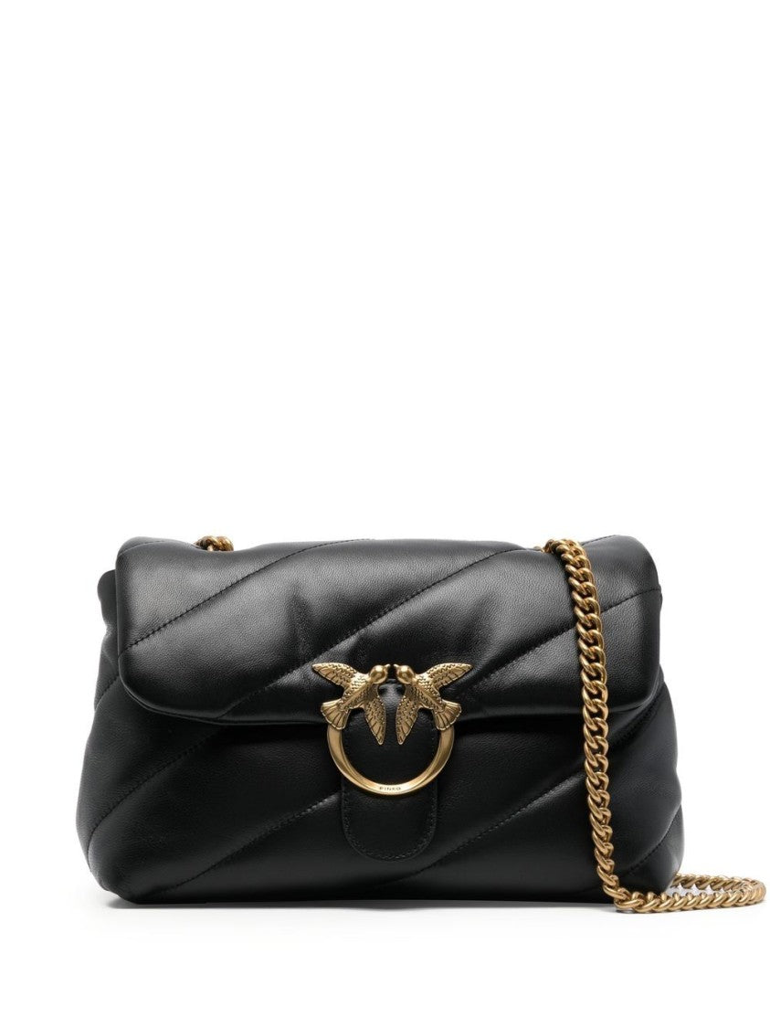Pinko Quilted Black Shoulder Bag With Gold-Tone Chain And Bird Clasp