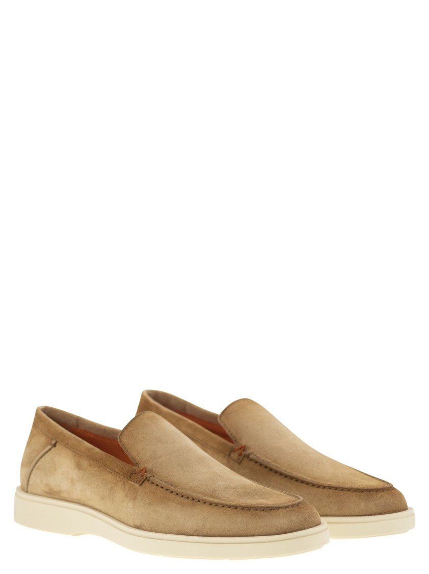 Santoni Suede Moccasin With Orange Thread Detailing