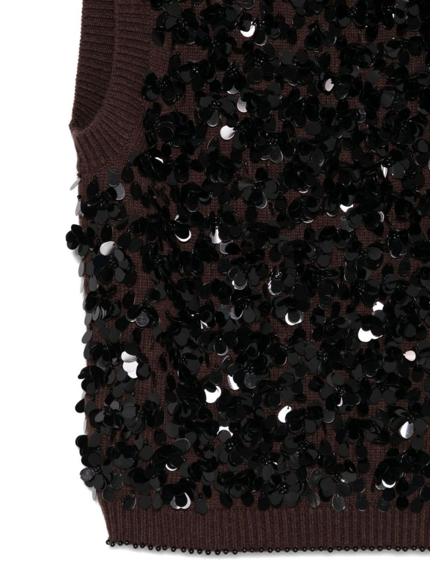 Semi Couture Sleeveless Brown Sweater With Sequined Embellishments
