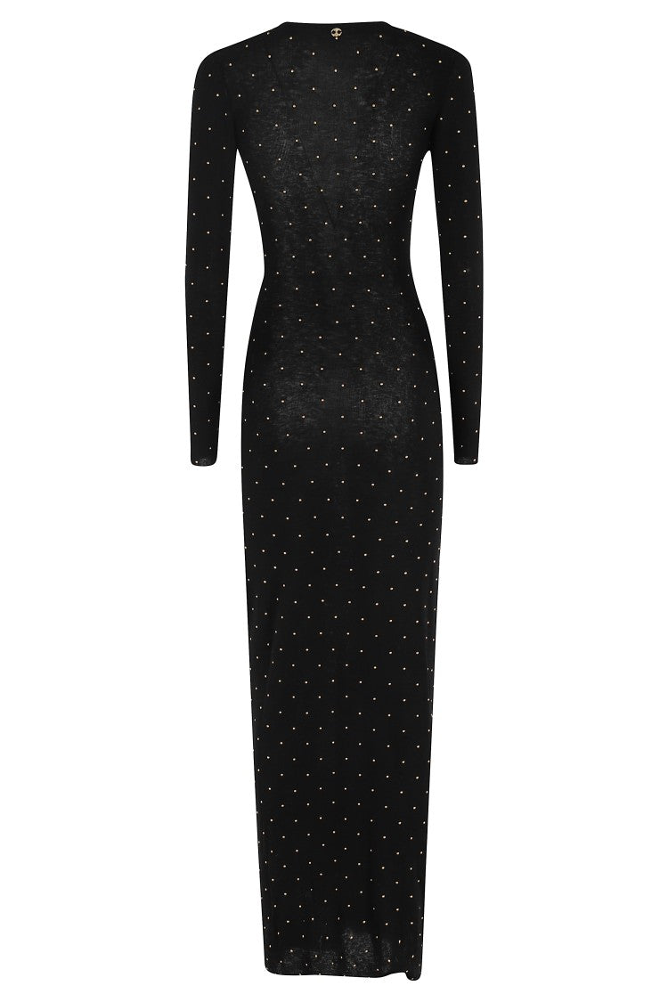 Rabanne Fitted Long Knit Dress With Round Neckline And Rhinestone Embellishments