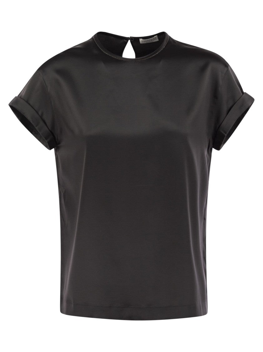 Brunello Cucinelli Stretch Silk Satin T-Shirt With Necklace