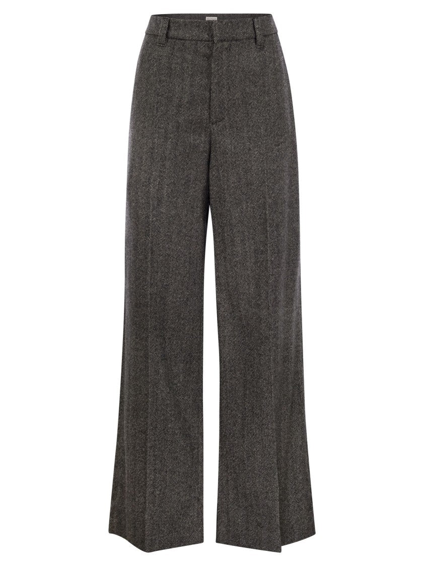 Brunello Cucinelli Loose Sartorial Chevron Carded Techno Wool Trousers