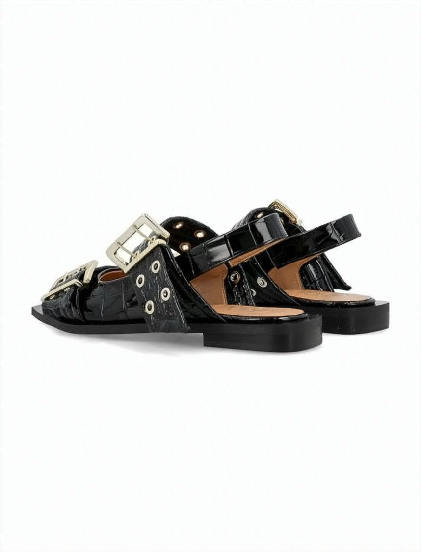 Ganni Pointed Toe Flats With Gold-Tone Buckles