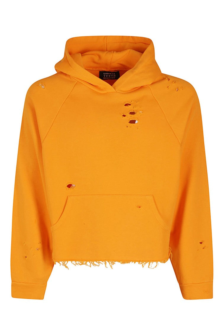 Liberal Youth Ministry Cropped Cotton Hoodie With Distressed Detailing