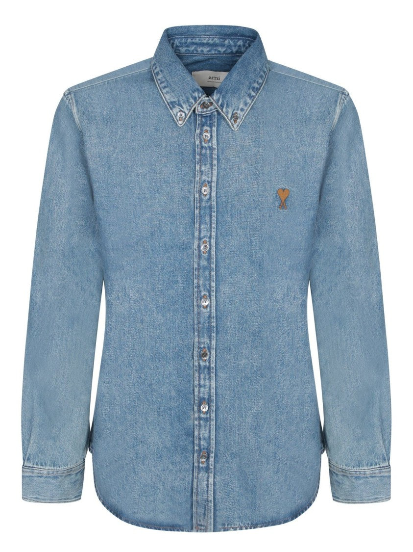 Ami Classic Blue Denim Shirt With Structured Collar And Button-Down Front