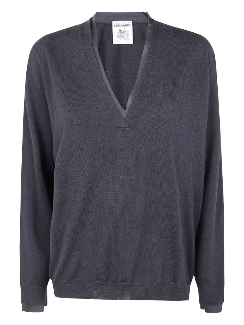 Semi Couture Relaxed Fit V-Neck Sweater With Satin Trim