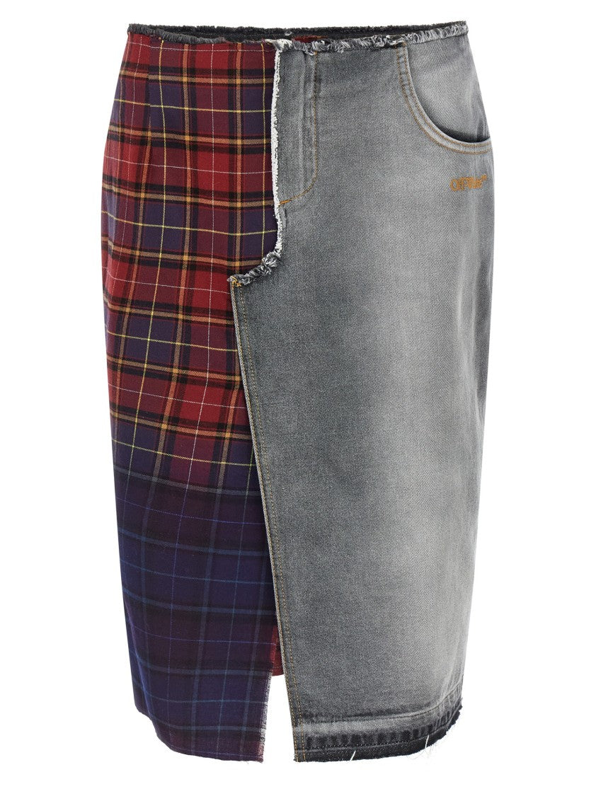 Off-White Patchwork Midi Skirt With Stonewashed Cotton Front