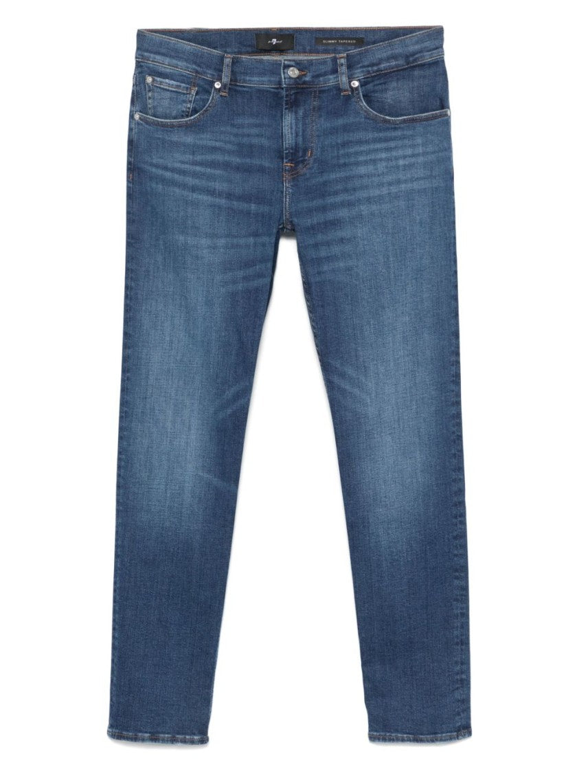 7 For All Mankind Indigo Blue Straight Leg Trousers With Classic Five-Pocket Design And Embroidered Motif