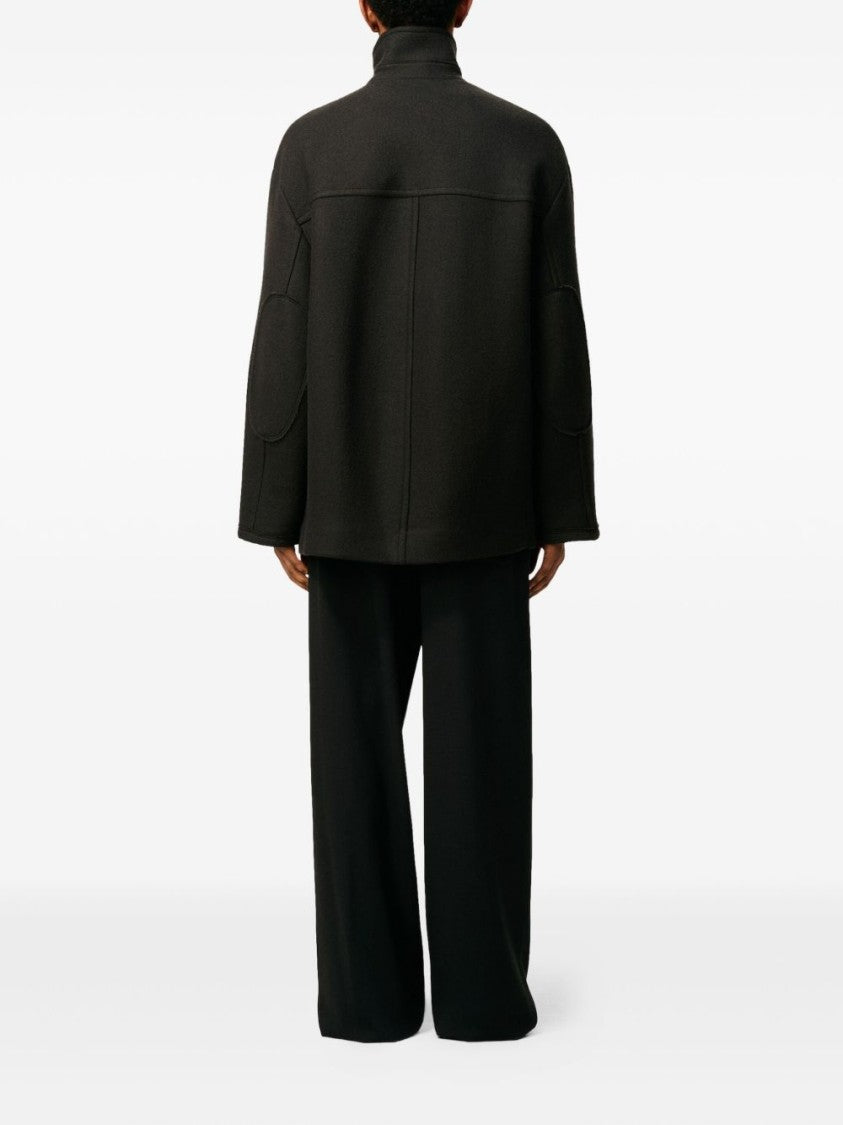 Ami Structured Grey Coat With High Collar And Button Closure