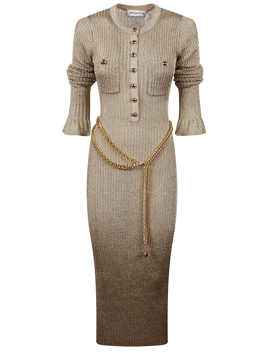 Self-Portrait Gold Lurex Ribbed Knit Midi Dress