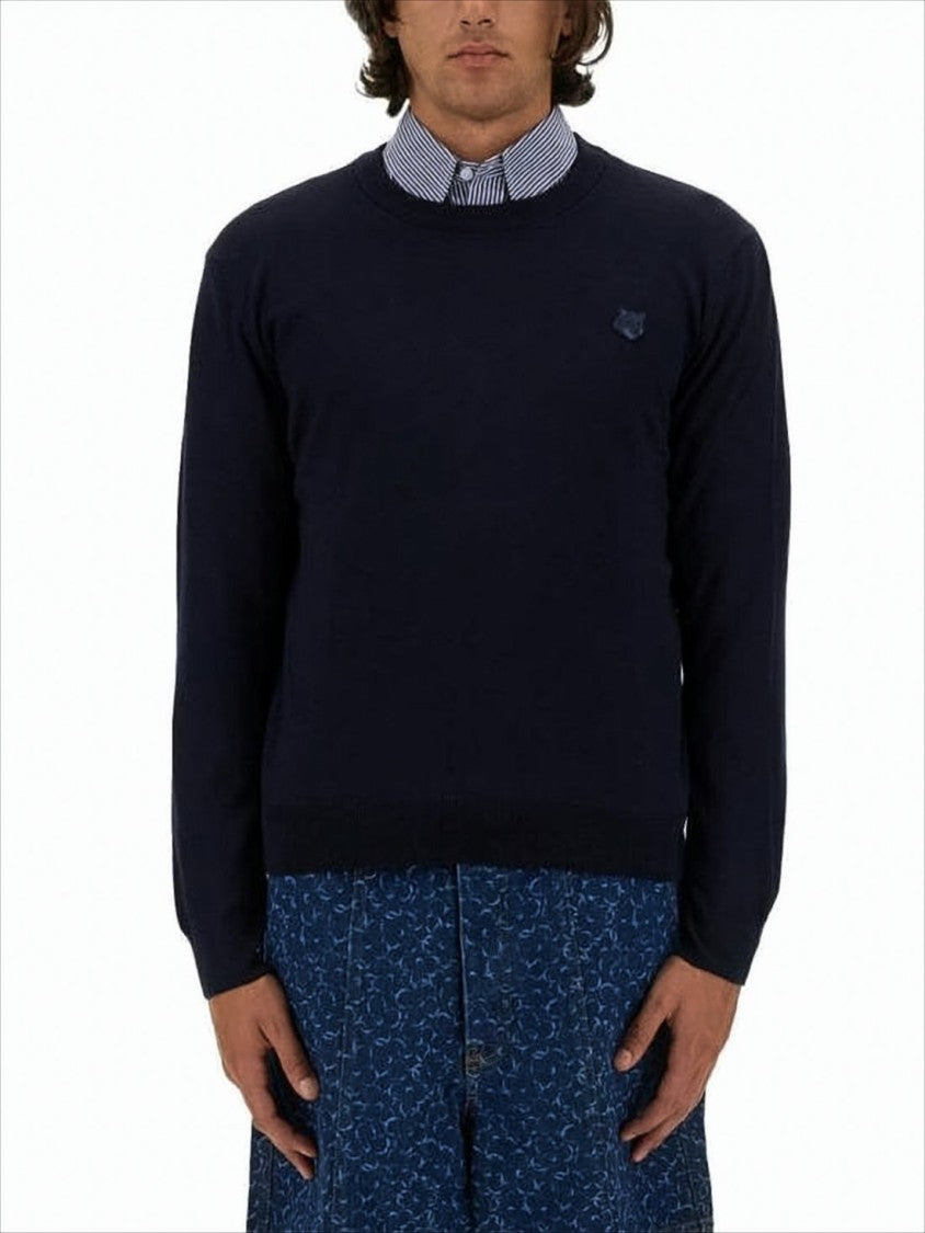 Maison Kitsuné Solid Dark Navy Crew Neck Sweater With Tailored Fit