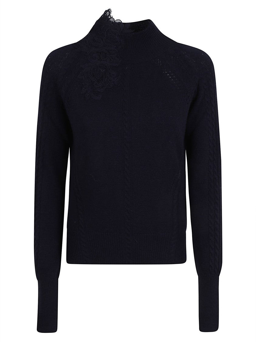 Ermanno Scervino Cable Knit Sweater With Floral Lace Detailing