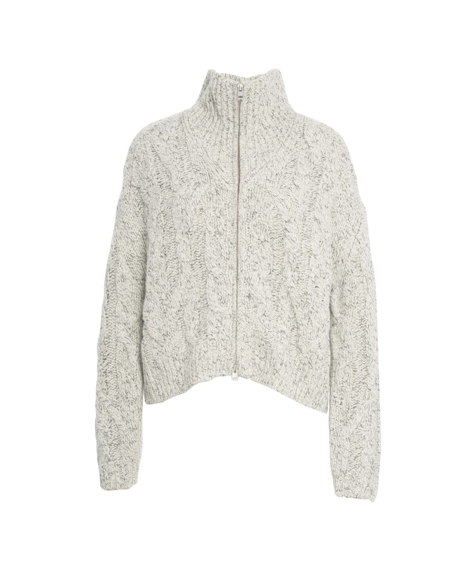 Closed Textured Cable Knit Cardigan With High Collar And Front Zipper