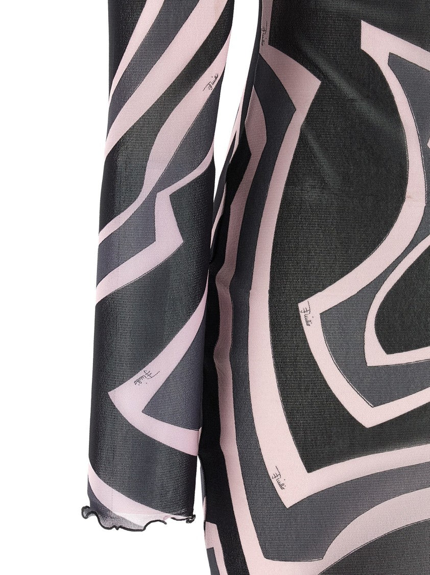 Emilio Pucci Long Marble Print Tulle Dress With Boat Neckline