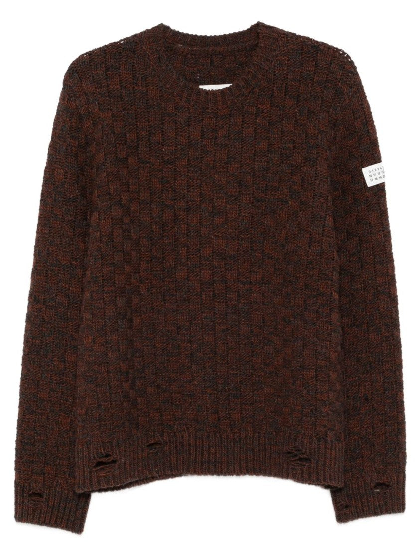 Mm6 By Maison Margiela Textured Knit Brown Crewneck Sweater