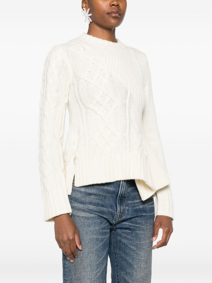 Sacai Cable Knit Sweater With Ruffled Hem And Asymmetrical Details
