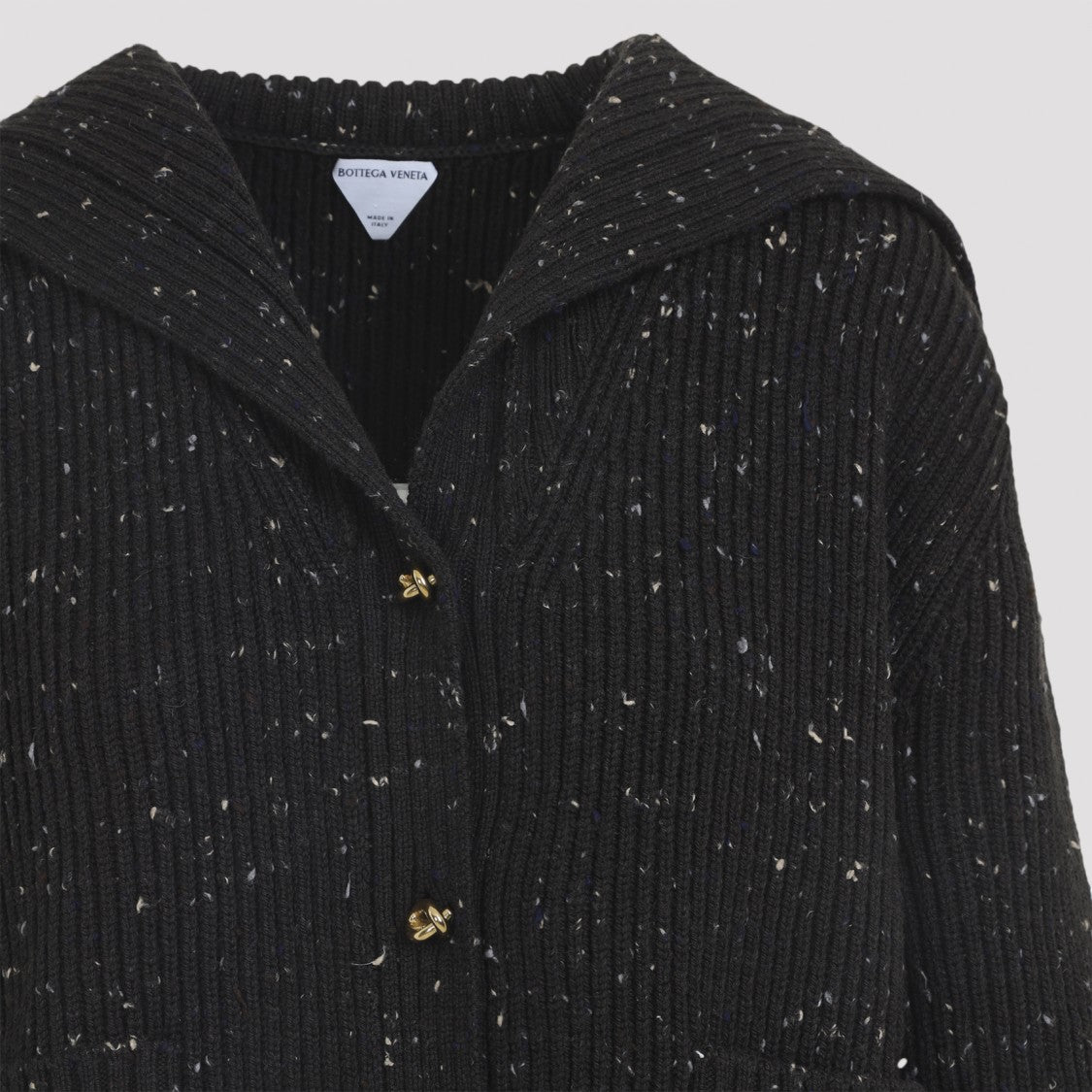 Bottega Veneta Speckled Black Knitted Cardigan With Hood And Functional Pockets