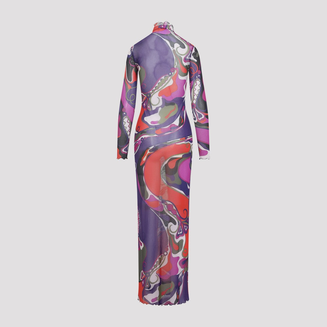 Pucci Abstract Pattern Maxi Dress With High Neckline And Lettuce-Edge Trim