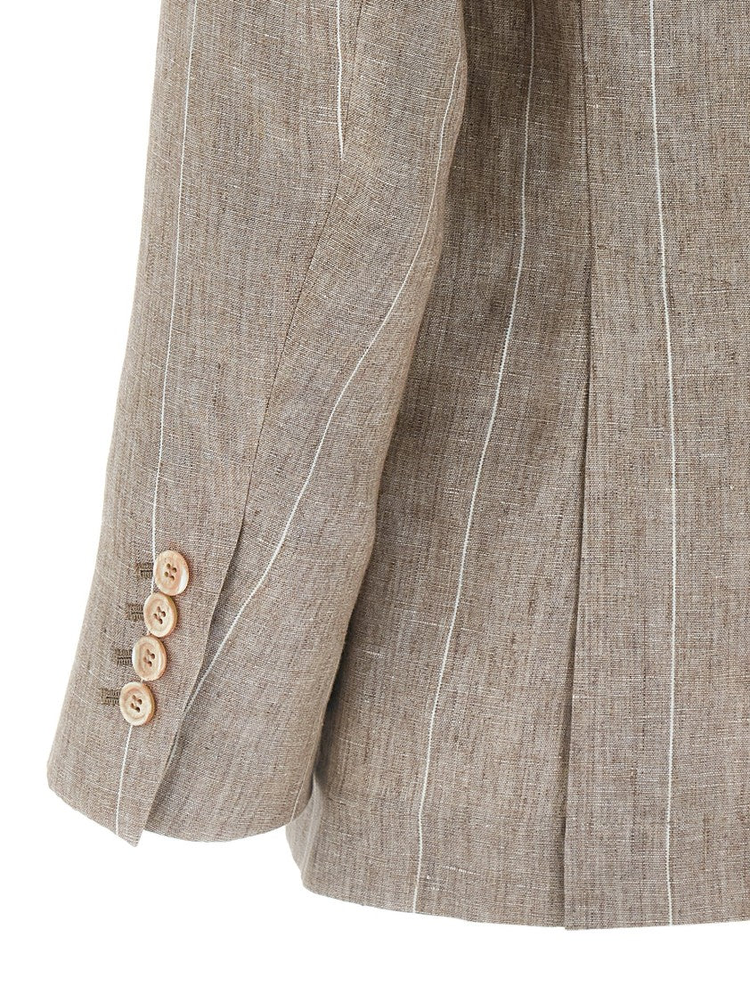 Brunello Cucinelli Striped Linen Single-Breasted Blazer With Double Back Split