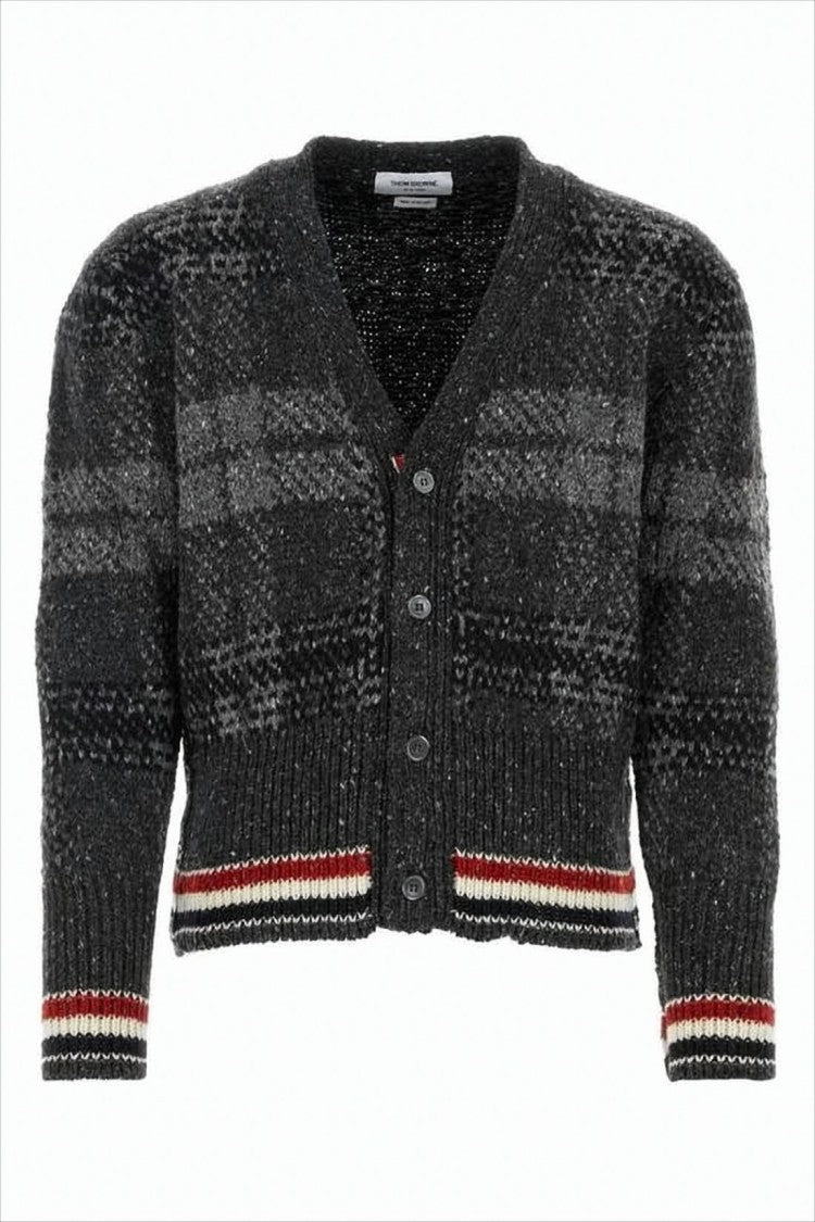 Thom Browne Textured Knit Cardigan With Dark Plaid And Striped Accents