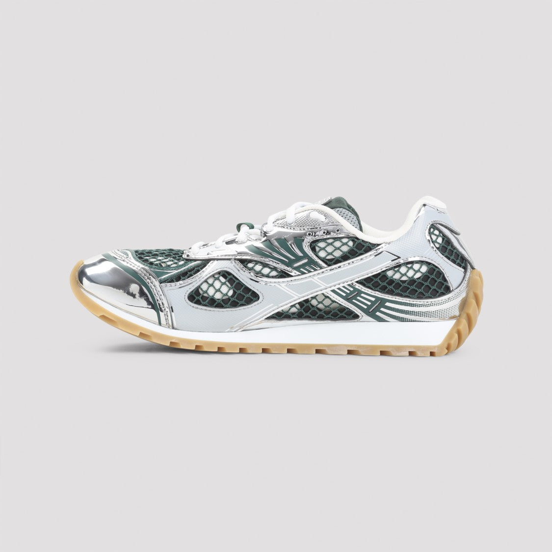 Bottega Veneta Multi-Layer Silver Mesh Sneakers With Lace-Up Design