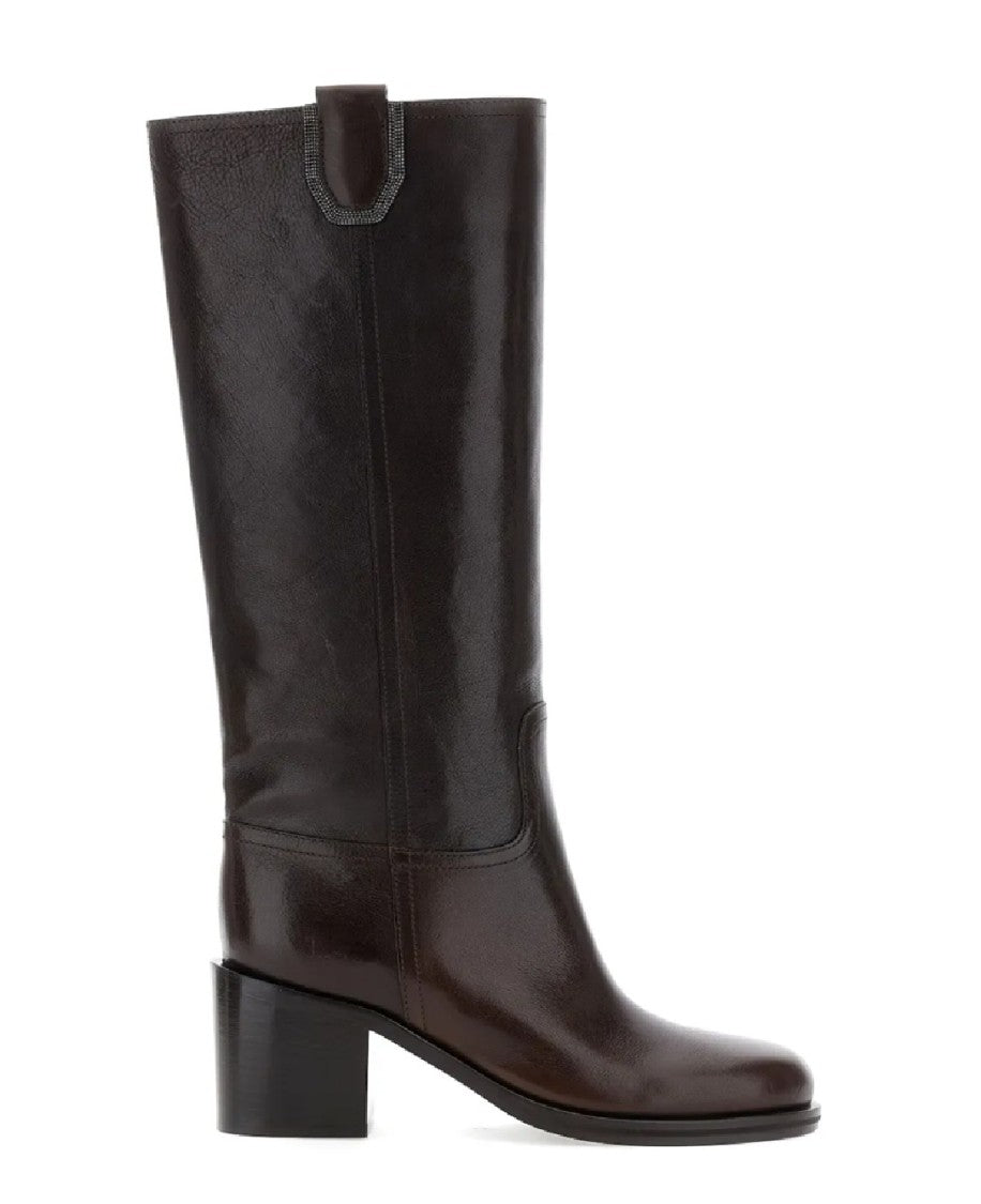 Brunello Cucinelli Polished Leather Mid-Calf Boots With Block Heel