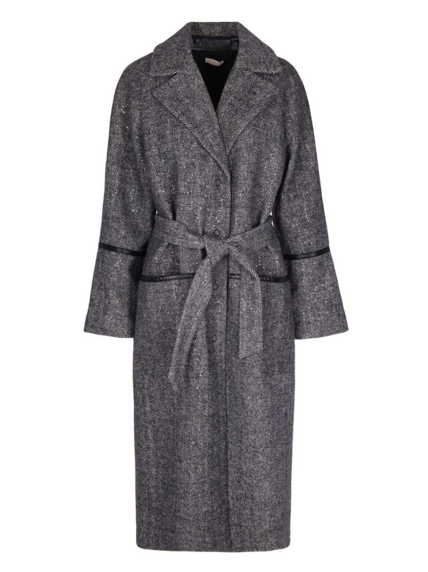 Liu Jo Mid-Length Textured Herringbone Coat With Belt