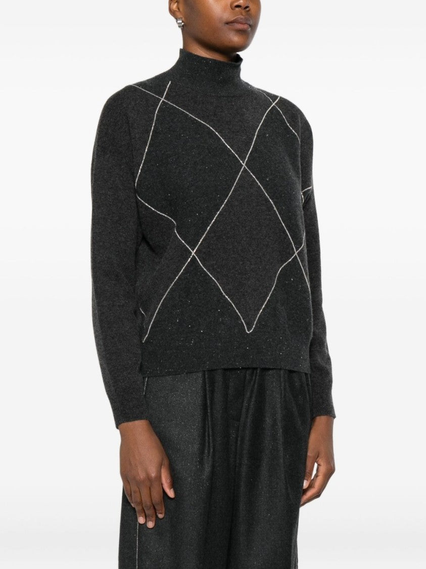 Peserico Diamond-Pattern Grey Sweater With High Neckline