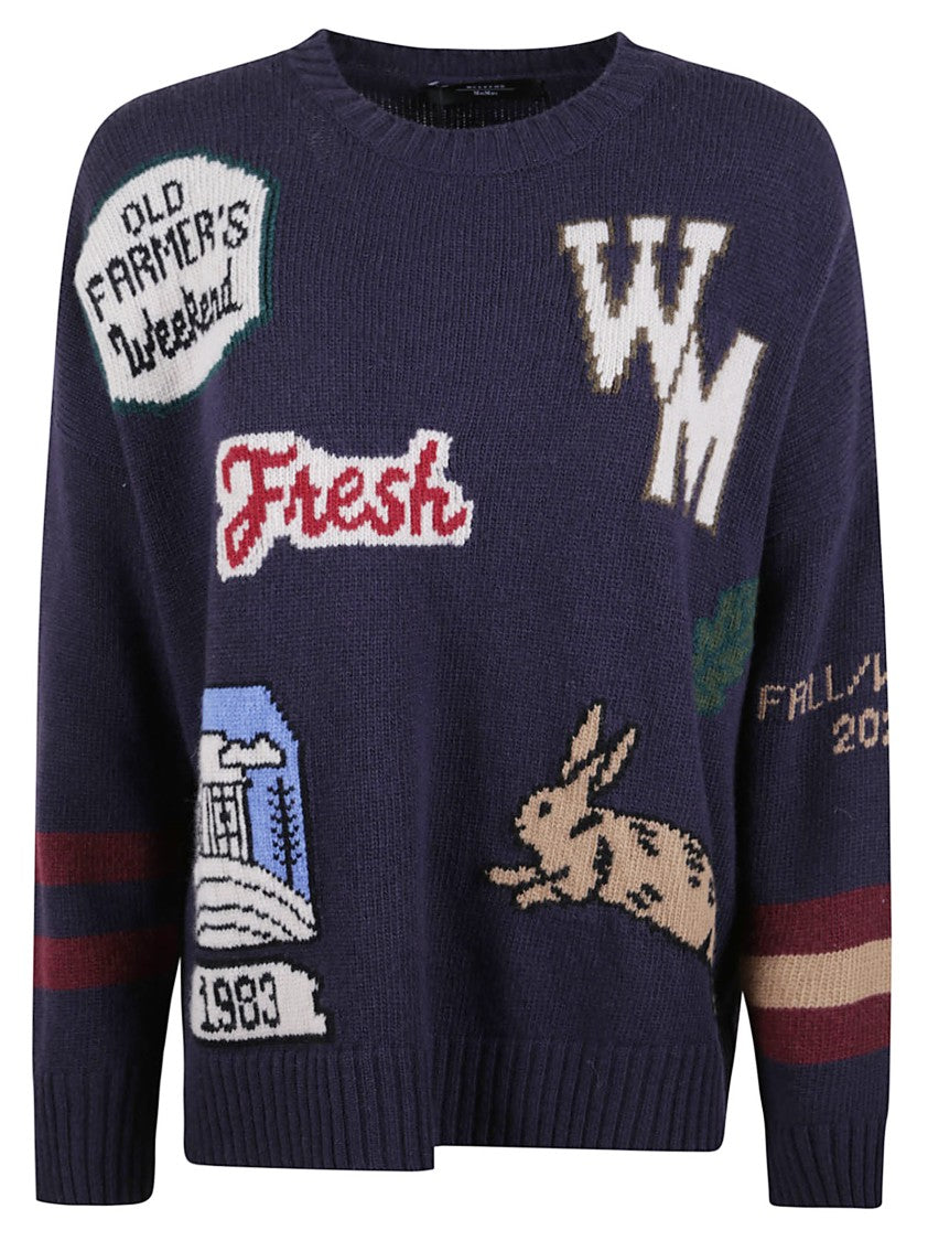 Max Mara Navy Blue Jacquard Wool Sweater With Farm Motifs
