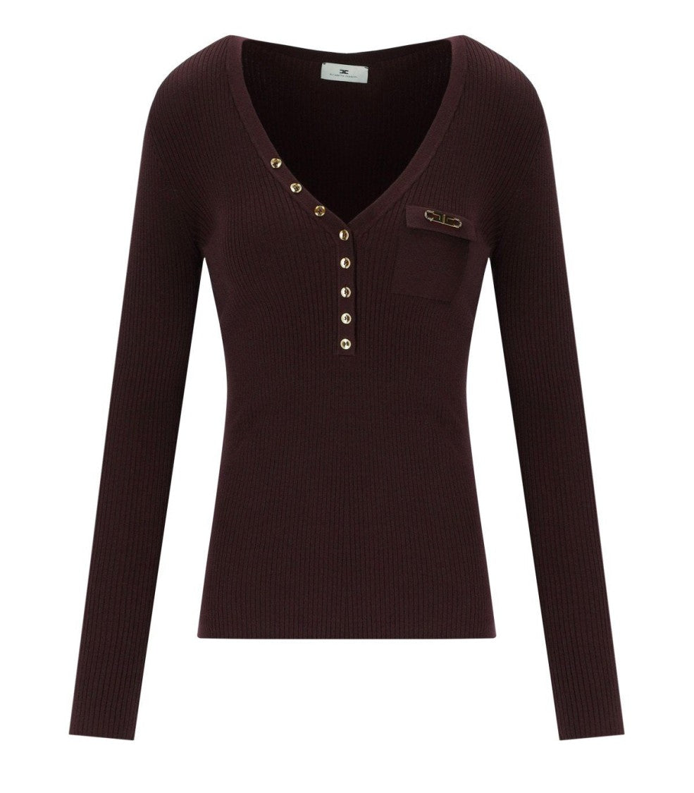 Elisabetta Franchi Merlot Ribbed Long-Sleeved Top With Gold Button Detail
