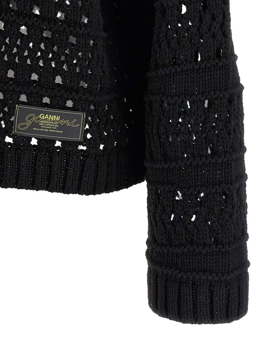 Ganni Black Crochet V-Neck' Sweater