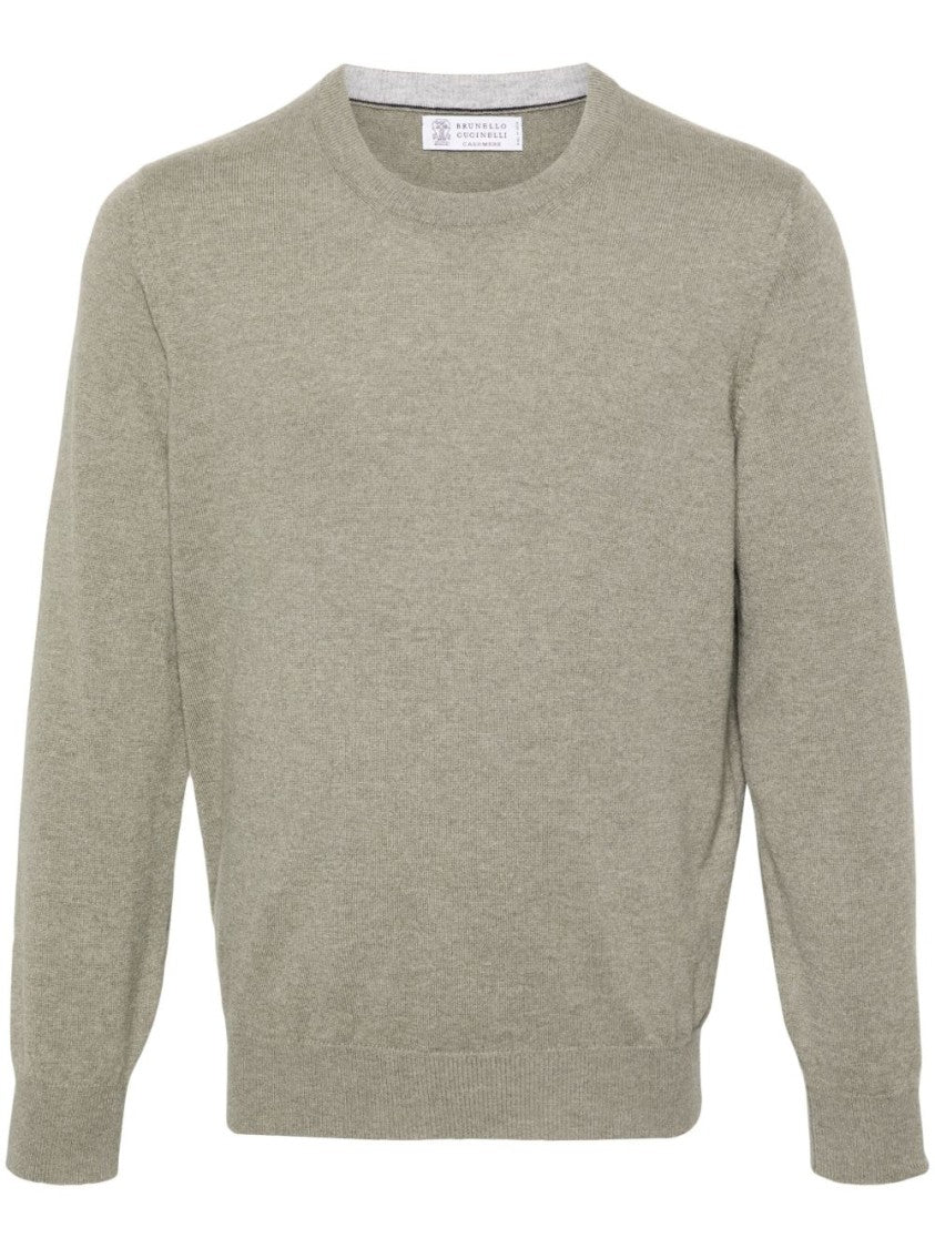 Brunello Cucinelli Light Olive Green Cashmere Sweater With Contrasting Trim