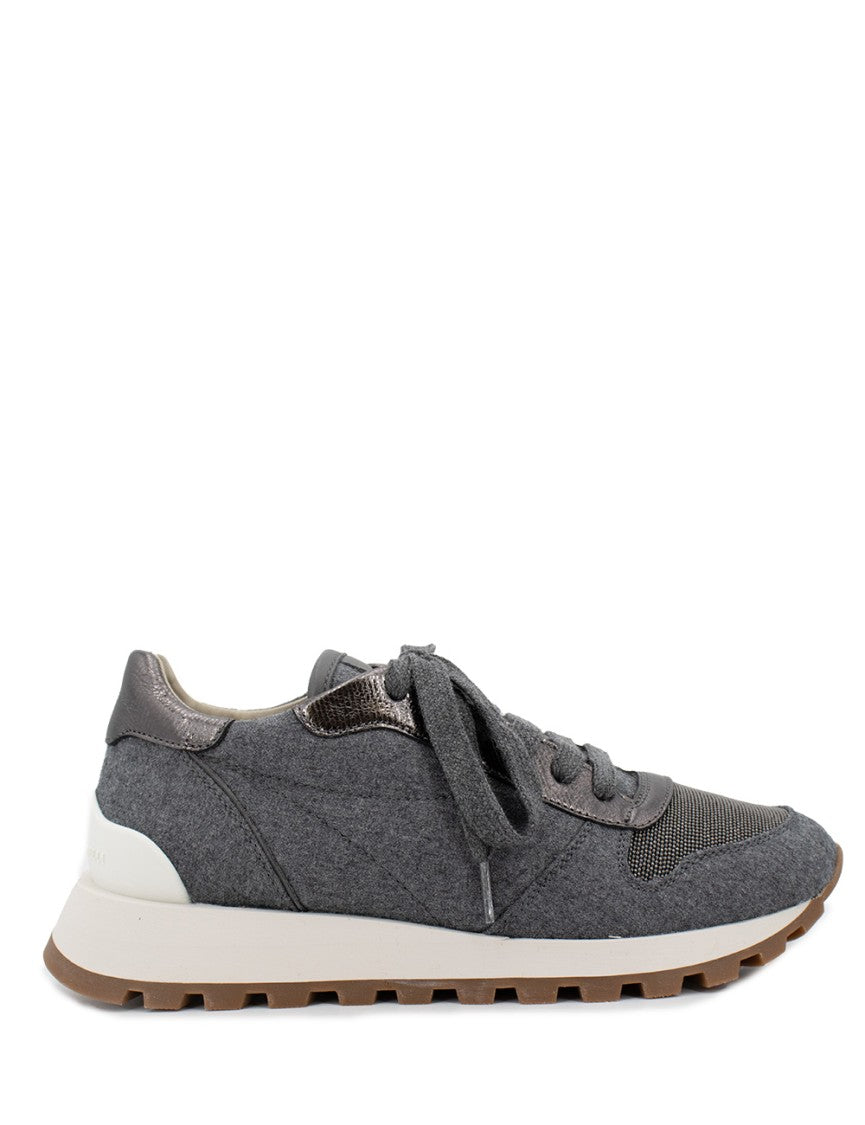 Brunello Cucinelli Wool Flannel Runners With Metallic Calfskin Accents