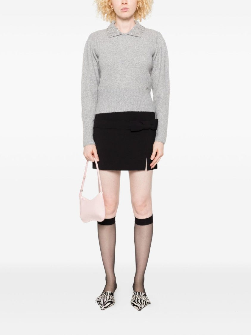 Twin-Set Light Grey Sweater With Crystal Embellished Collar And Ribbed Hem