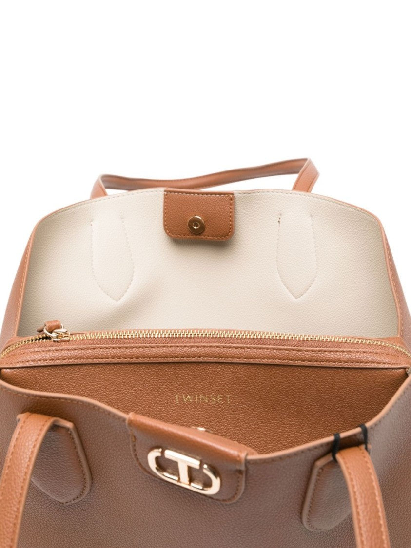 Twin-Set Structured Tote Bag With Smooth Pebbled Texture And Metallic Detail
