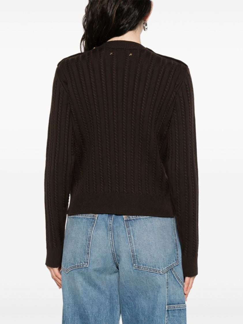 Golden Goose Cable-Knit Brown Sweater With Gold-Tone Button Detail